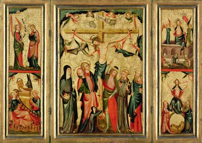 Triptychon, das die Kreuzigung Christi darstellt, um 1350 (Tempera und Blattgold auf Holztafel) von Master of Cologne